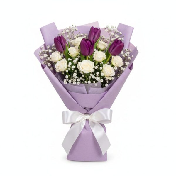 Lavender Dreams – Purple Tulips & White Roses Birthday Bouquet