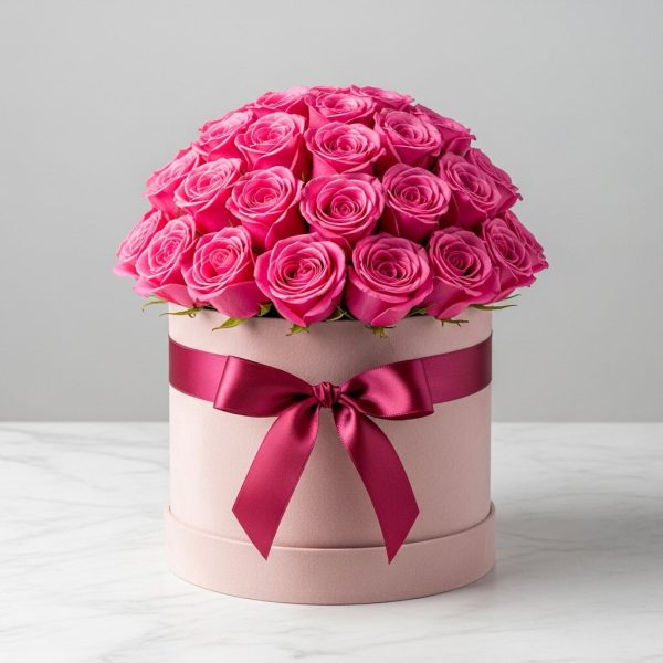 Royal Blush – 25 Dark Pink Roses Hatbox
